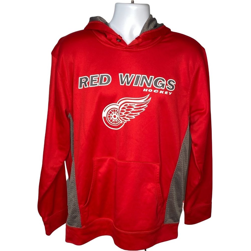 Detroit Red Wings Hockey NHL Red Hoodie Pullover Large Gray Accent Logo Majestic